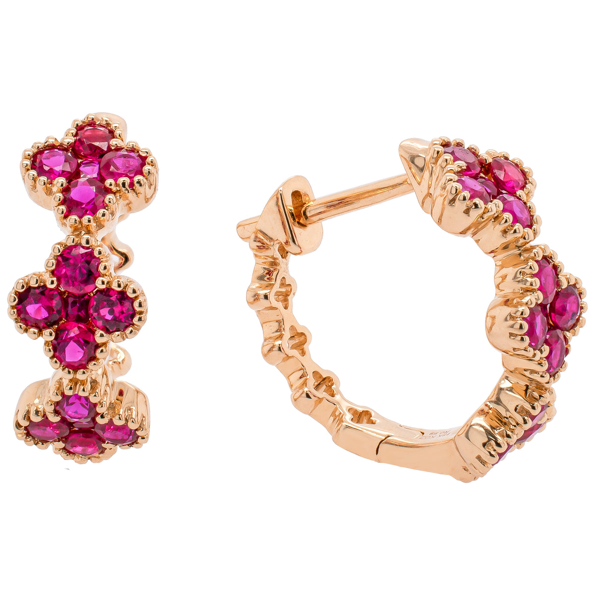 18K Yellow Gold Ruby Clover Huggie Earrings