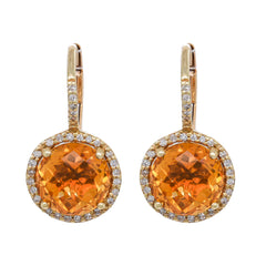 14K Yellow Gold Dangle Leverback Citrine Diamond Earrings, view 1