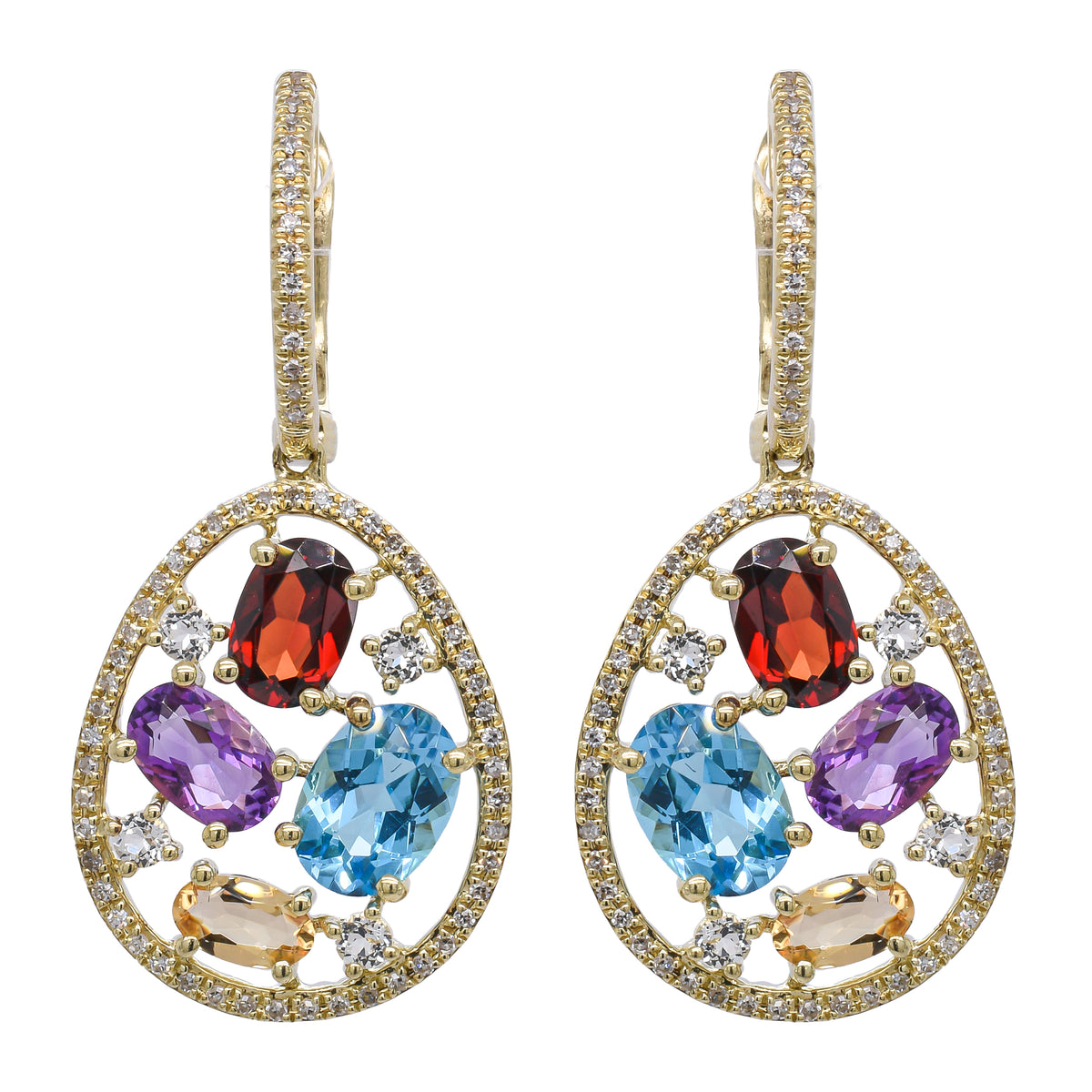 14K Yellow Gold Multi-Colored Gemstone Dangle Diamond Huggie Earrings