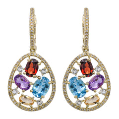 14K Yellow Gold Multi-Colored Gemstone Dangle Diamond Huggie Earrings, view 1