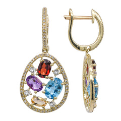 14K Yellow Gold Multi-Colored Gemstone Dangle Diamond Huggie Earrings, view 2