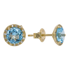 14K Yellow Gold Blue Topaz Diamond Stud Earrings, view 2