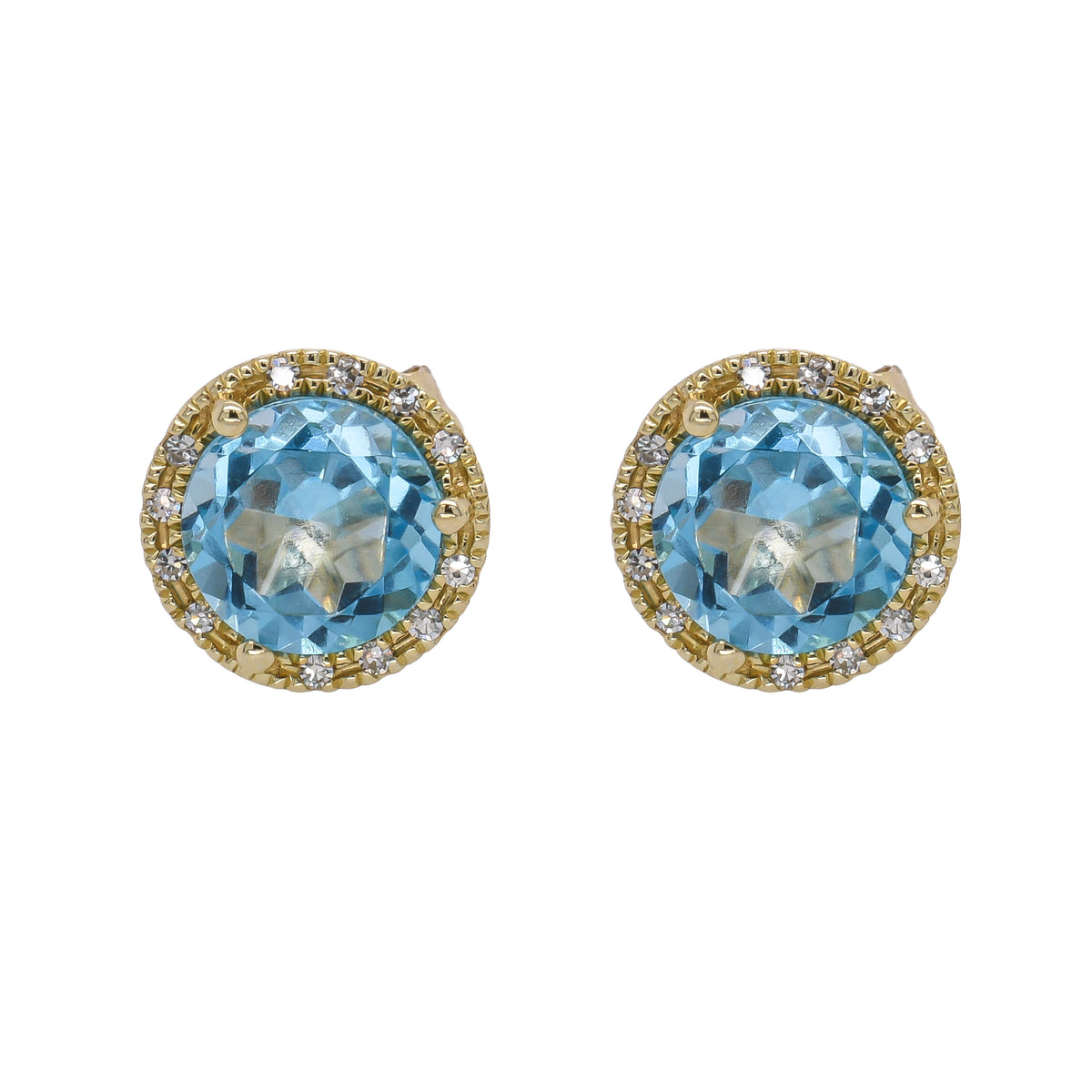 14K Yellow Gold Blue Topaz Diamond Stud Earrings