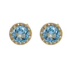 14K Yellow Gold Blue Topaz Diamond Stud Earrings, view 1