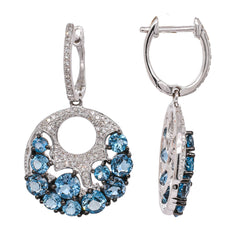14K White Gold Blue Topaz Cluster Dangle Diamond Huggie Earrings, view 2