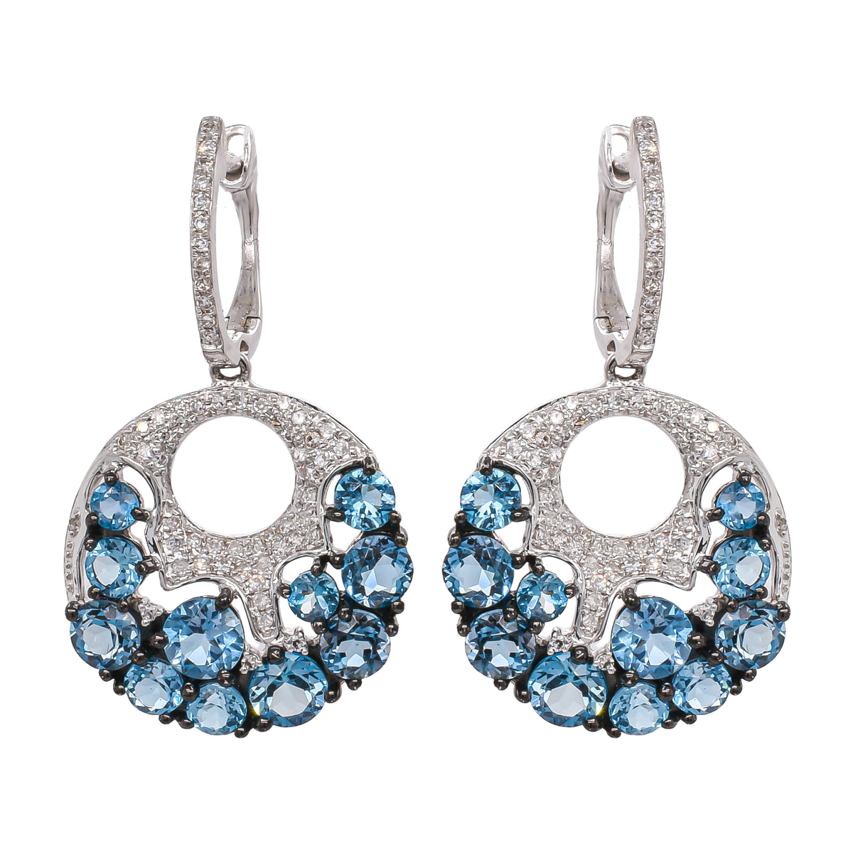 14K White Gold Blue Topaz Cluster Dangle Diamond Huggie Earrings