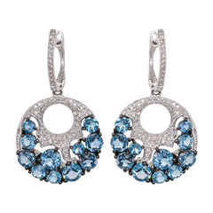 14K White Gold Blue Topaz Cluster Dangle Diamond Huggie Earrings, view 1