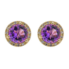 14K Yellow Gold Amethyst Diamond Stud Earrings, view 1