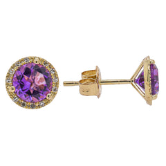 14K Yellow Gold Amethyst Diamond Stud Earrings, view 2
