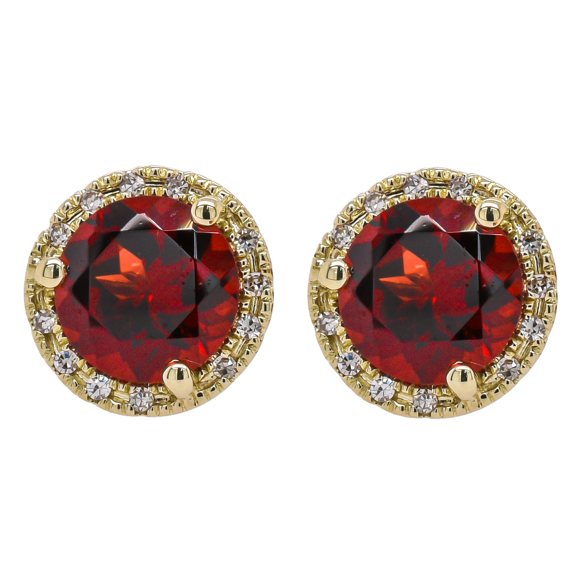 14K Yellow Gold Garnet Diamond Stud Earrings