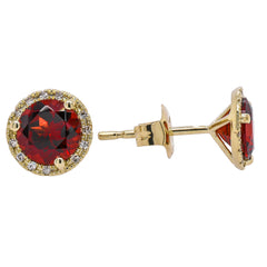 14K Yellow Gold Garnet Diamond Stud Earrings, view 2