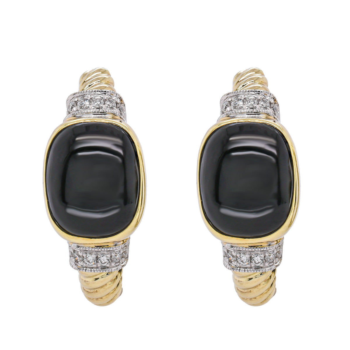 14K Yellow Gold Black Onyx & Diamond Hoop Earrings