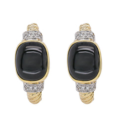 14K Yellow Gold Black Onyx & Diamond Hoop Earrings, view 1