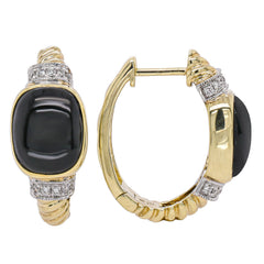14K Yellow Gold Black Onyx & Diamond Hoop Earrings, view 2