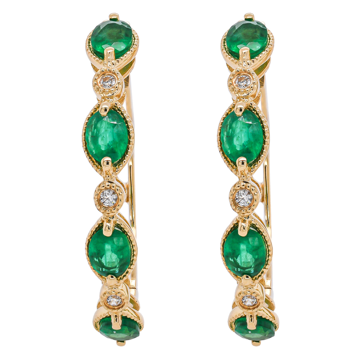 14K Yellow Gold Oval Emerald Diamond Hoop Earrings