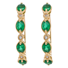 14K Yellow Gold Oval Emerald Diamond Hoop Earrings, view 1