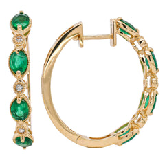 14K Yellow Gold Oval Emerald Diamond Hoop Earrings, view 2