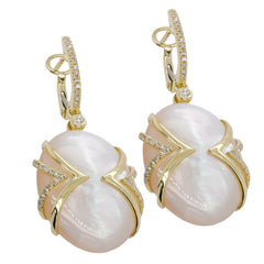 14K Yellow Gold Mother of Pearl & Diamond Cage Earrings on Diamond Huggies, view 1