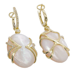14K Yellow Gold Mother of Pearl & Diamond Cage Earrings on Diamond Huggies, view 2