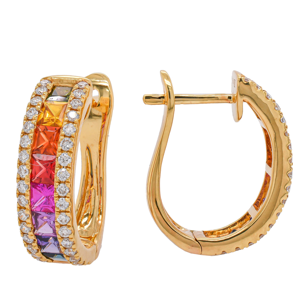 18K Yellow Gold Fancy Sapphire & Diamond Leverback Hoop Earrings