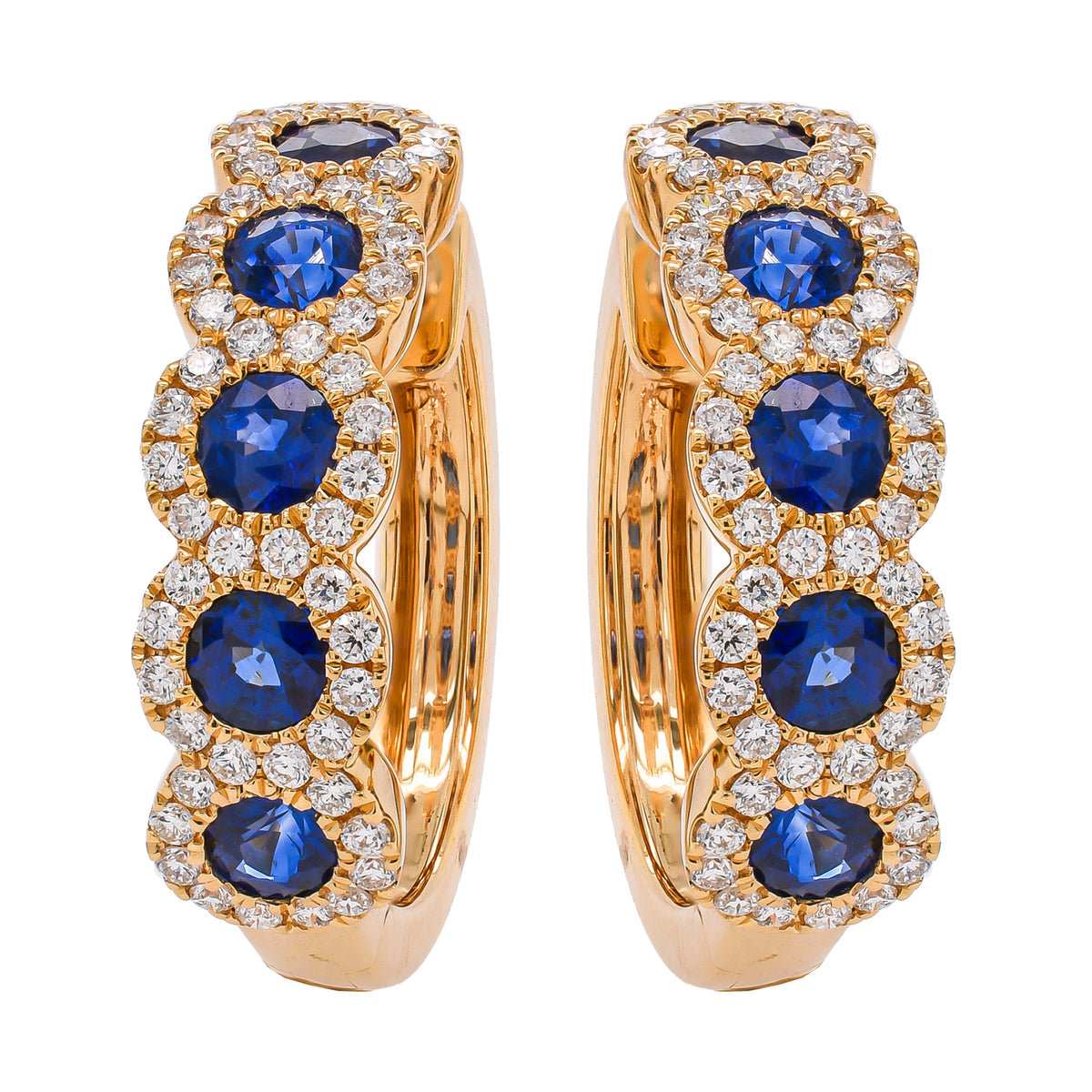 18K Yellow Gold Sapphire & Diamond Hoop Earrings