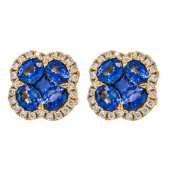 18K Yellow Gold Sapphire & Diamond Cluster Stud Earrings, view 1