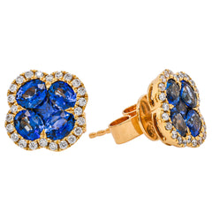18K Yellow Gold Sapphire & Diamond Cluster Stud Earrings, view 2