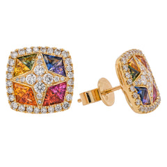 18K Yellow Gold Fancy Sapphire & Diamond Stud Earrings | 2.32 CTW Sapphires & 0.82 CTW Diamonds, view 2