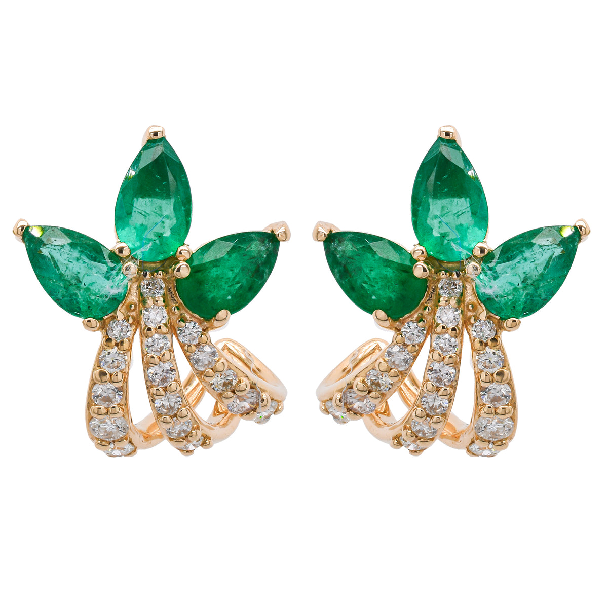 14K Yellow Gold Emerald Pear Diamond C Hoop Earrings