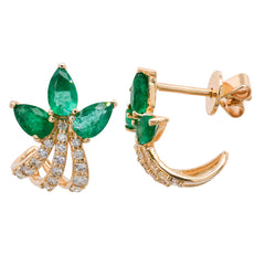 14K Yellow Gold Emerald Pear Diamond C Hoop Earrings, view 2