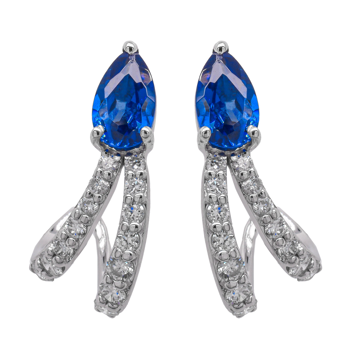 14K White Gold Pear Sapphire Diamond C Hoop Earrings
