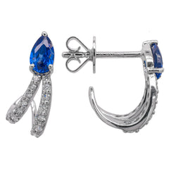 14K White Gold Pear Sapphire Diamond C Hoop Earrings, view 2