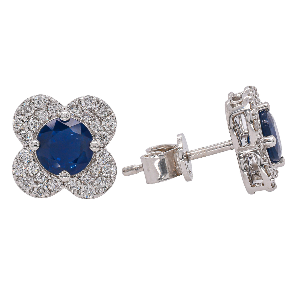 14K White Gold Sapphire Diamond Flower Earrings 9mm wide