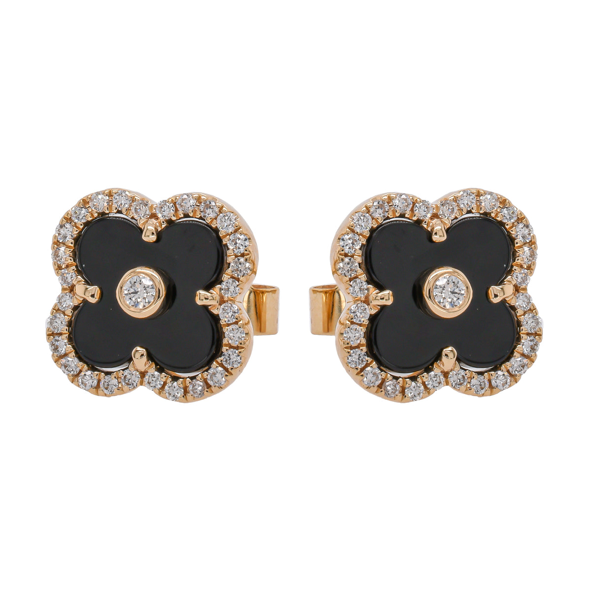 14K Yellow Gold Onyx Diamond Clover Stud Earrings