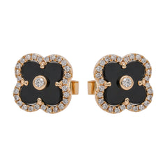 14K Yellow Gold Onyx Diamond Clover Stud Earrings, view 1
