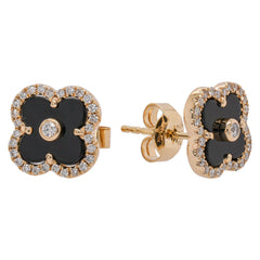 14K Yellow Gold Onyx Diamond Clover Stud Earrings, view 2