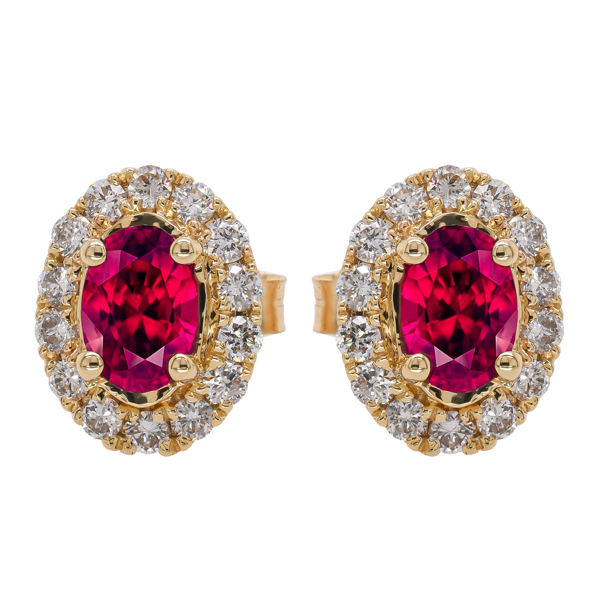 14K Yellow Gold Oval Ruby Diamond Stud Earrings
