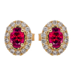 14K Yellow Gold Oval Ruby Diamond Stud Earrings, view 1
