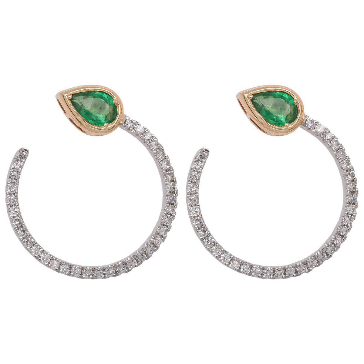 14K Yellow and White Gold Emerald Pear Diamond Bypass 20mm Hoop Earrings on Studs