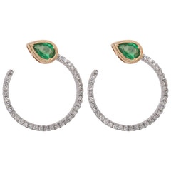 14K Yellow and White Gold Emerald Pear Diamond Bypass 20mm Hoop Earrings on Studs, view 1
