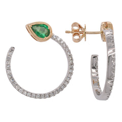 14K Yellow and White Gold Emerald Pear Diamond Bypass 20mm Hoop Earrings on Studs, view 2