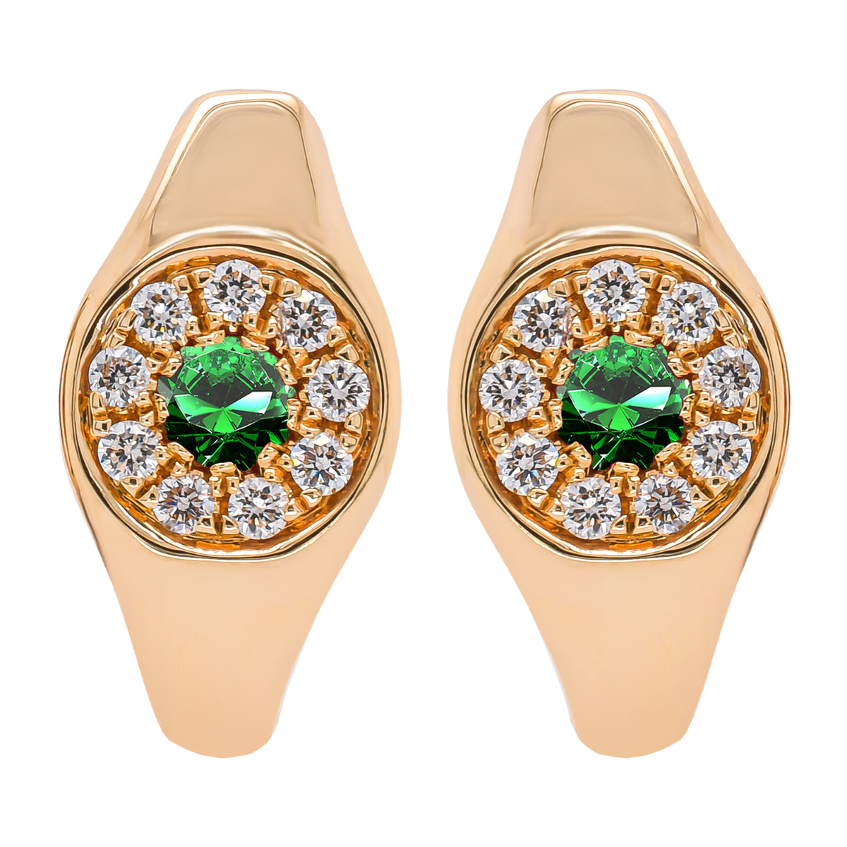 14K Yellow Gold Emerald Round Diamond Hoop 14.5mm Earrings