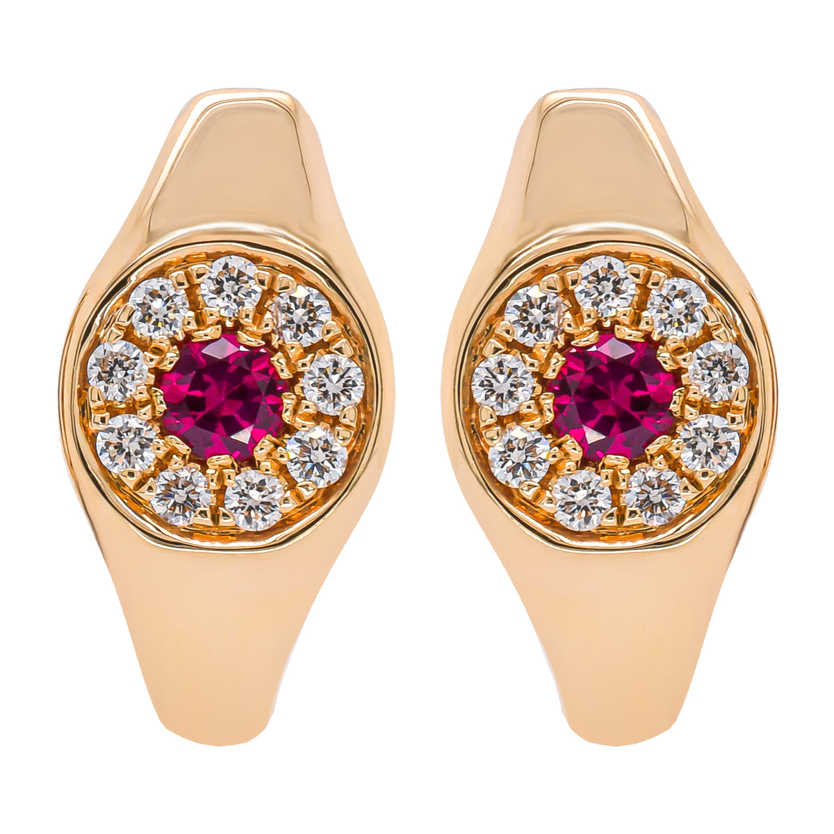 14K Yellow Gold Ruby Round Diamond Hoop 14.5mm Earrings