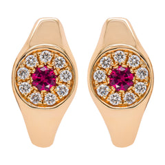 14K Yellow Gold Ruby Round Diamond Hoop 14.5mm Earrings, view 1
