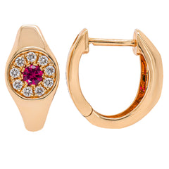 14K Yellow Gold Ruby Round Diamond Hoop 14.5mm Earrings, view 2