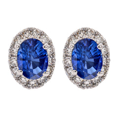 14K Yellow Gold Oval Sapphire Diamond Stud Earrings, view 1