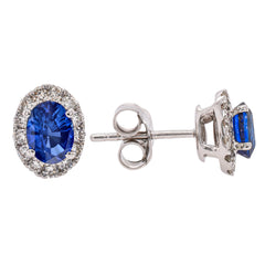 14K Yellow Gold Oval Sapphire Diamond Stud Earrings, view 2