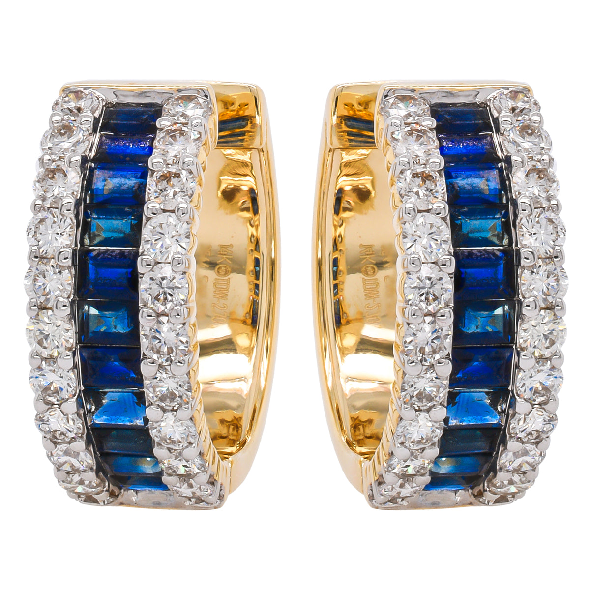 14K Yellow Gold Sapphire Baguette Diamond Hoop 17.5mm Earrings
