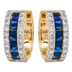 14K Yellow Gold Sapphire Baguette Diamond Hoop 17.5mm Earrings, view 1