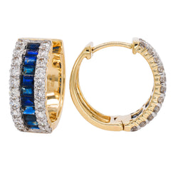 14K Yellow Gold Sapphire Baguette Diamond Hoop 17.5mm Earrings, view 2